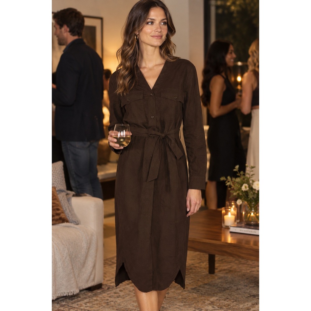 Free People Shirt Dress Womens Size M Brown Geometric Maxi Excellent Pockets